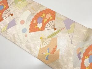 扇に牡丹・菊・尾長鳥・蝶模様織り出し　袋帯